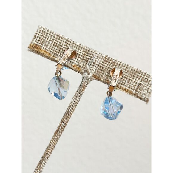 Ice Blue Bead Dangle Clip On Earrings Faceted Crystal Vogue Jewelry - Picture 4 of 5